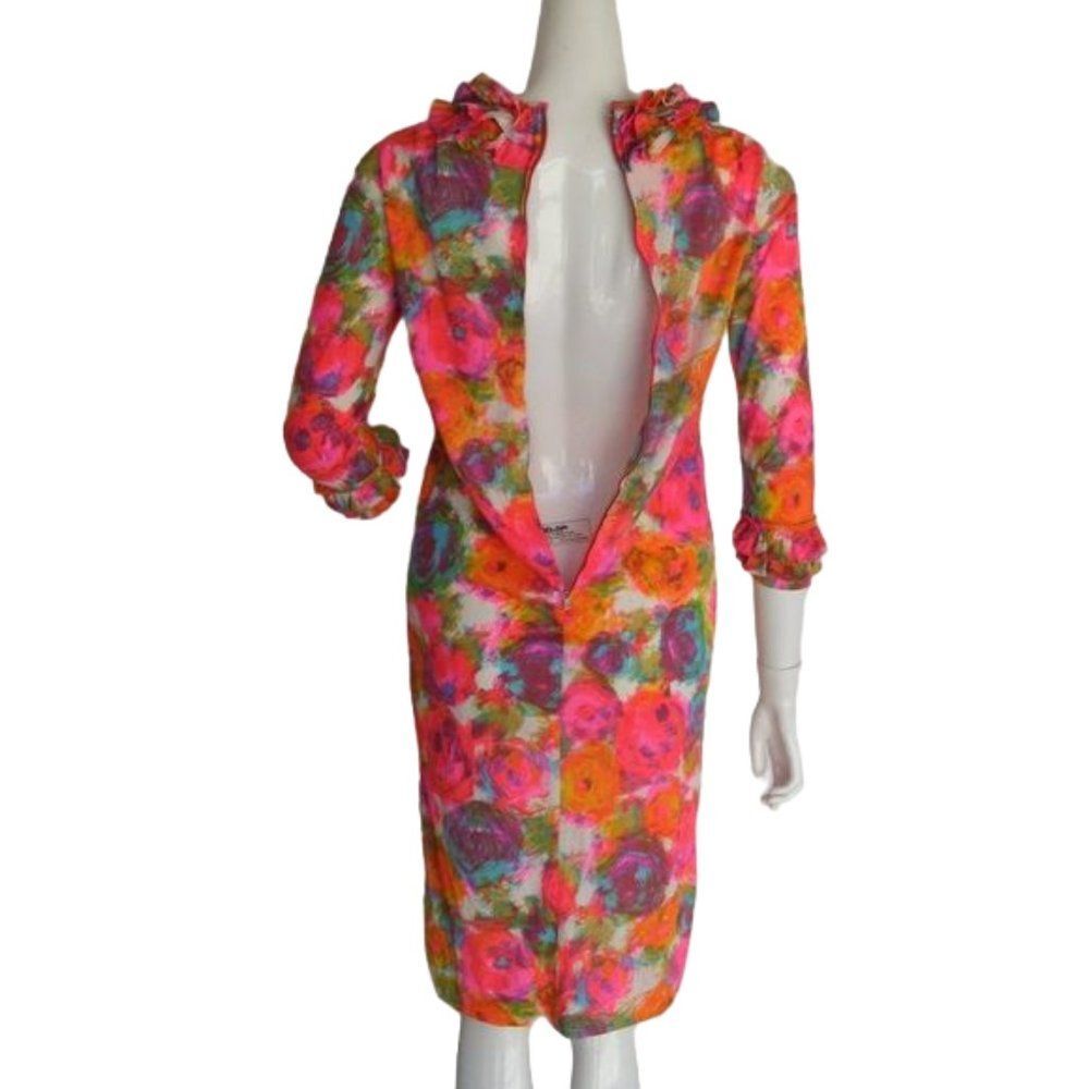60's Vintage Dress, XS/S, Bright color, Ruffle neck/Cuffs, Abstract Floral - Picture 6 of 10